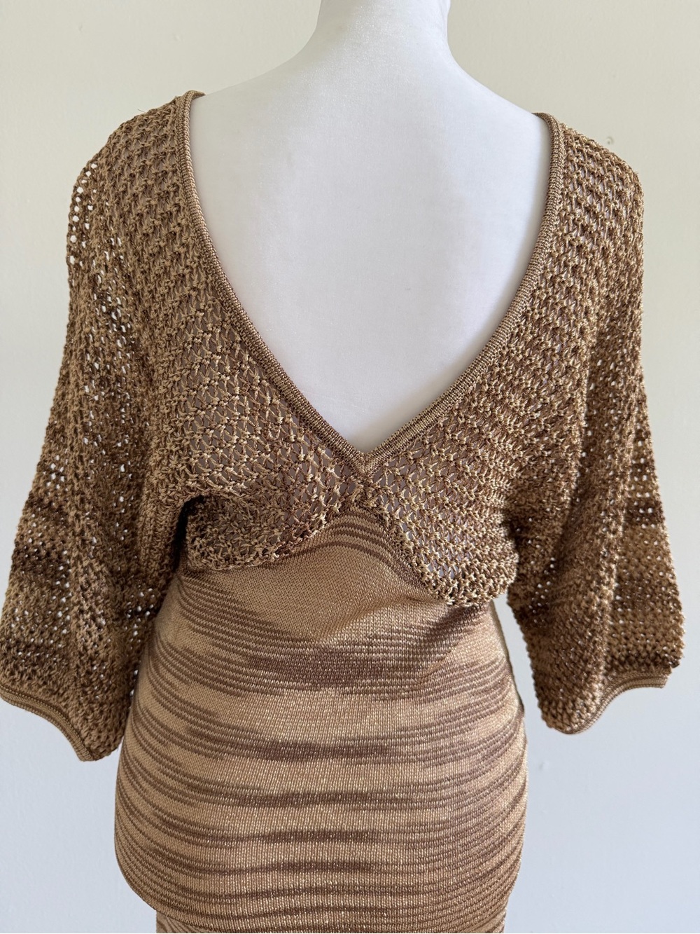 Knit Two-Tone Brown and gold shimmer V-Neck Sweater Dress